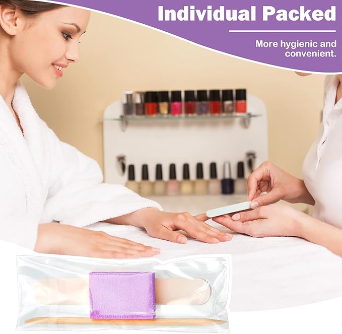 Leelosp 120 Sets Disposable Manicure Kit Basics 3 Pieces Nail Kit, White Wood Nail File 180/180 Grit, Purple Mini Buffer 100/100 Grit, Individually Packed Mini Pedicure Set for Fingernails Toenails
