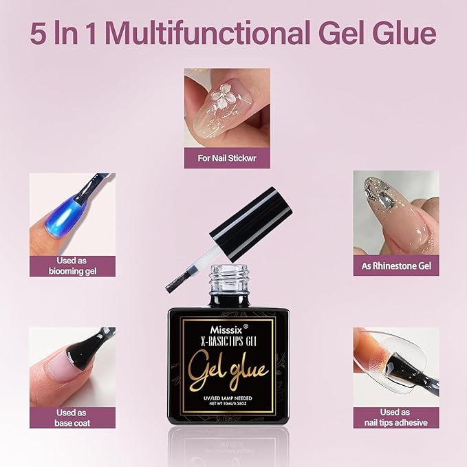 Misssix Short Almond Gel Nail Tips Kit, 216Pcs Pre Etched Clear Fake Nails, Full Cover False Nail 9-in-1 Gel Glue and Portable Mini U V Nail Lamp for Women 12 Sizes