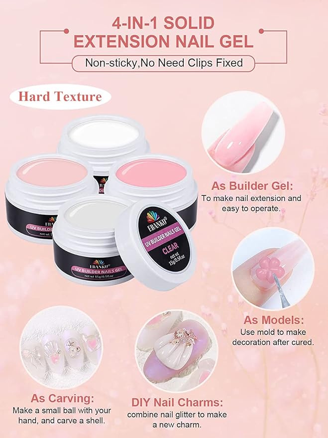 EBANKU Solid Builder Gel Kit, Builder Gel for Nails 4 Colors Clear White Nude Pink for Nail Art Strengthen Nail Extension Kit for Beginners Home DIY, 4 * 15g