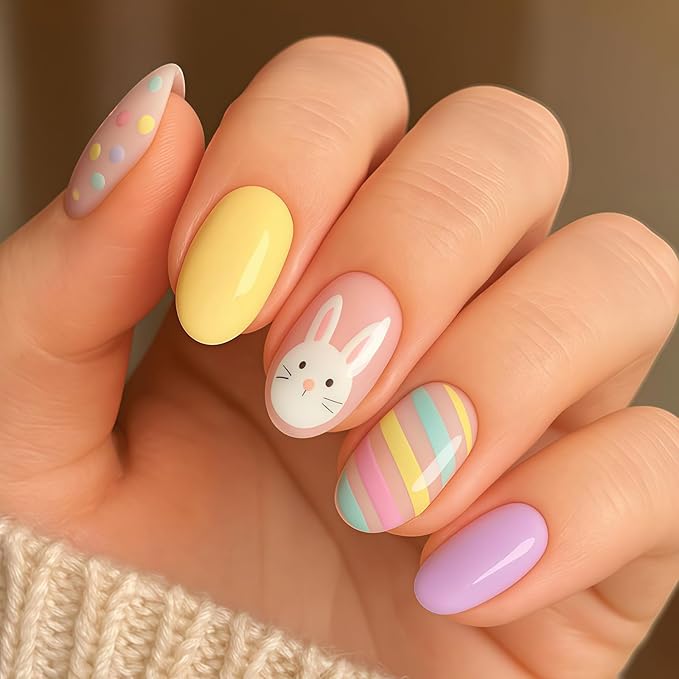 Easter Press on Nails - Medium Oval Fake Nails with Cute Rabbit | Colorful Easter Egg & Polka Dot Designs False Nails Press ons Full Cover Stick on Nails Easter Nails for Women Manicure 24Pcs