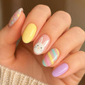 Easter Press on Nails - Medium Oval Fake Nails with Cute Rabbit | Colorful Easter Egg & Polka Dot Designs False Nails Press ons Full Cover Stick on Nails Easter Nails for Women Manicure 24Pcs