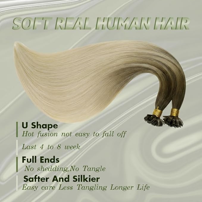 RUNATURE Utip Hair Extensions Human Hair, 18 Inch K Tip Hair Extensions Real Human Hair, Ombre Brown to Blonde Hot Fusion Pre Bonded Remy Hair, Straight Keratin Tip Exetnsions, Heat Resistant 50g 50s