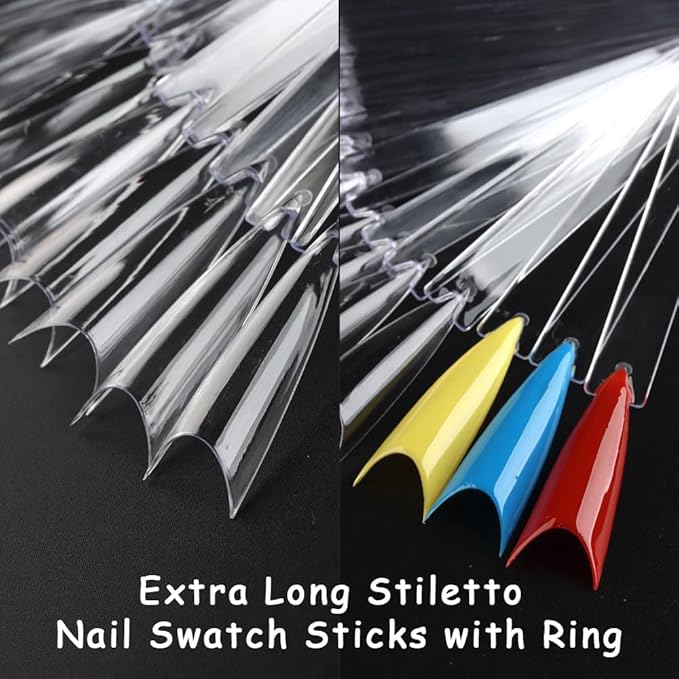 150 Pcs Nail Swatch Sticks with Ring, Long Stiletto Nail Art Tips, Transparent Acrylic False Nail Sample Sticks Polish Gel Display Practice Manicure Tools for Home or Salon Use