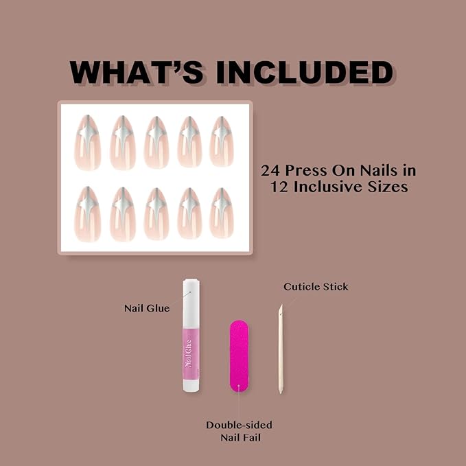 Press On Nails - Doji Star Nude Nails, 24 Pcs Reusable Silve Nude Fake Nails with Medium Almond Shape, Design for Women and Girls