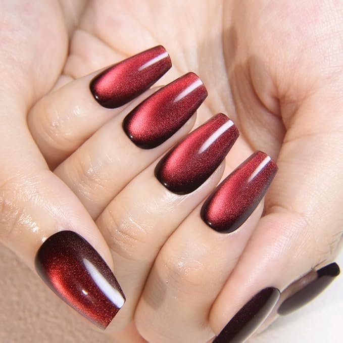 evpct Deep Burgundy Red Cat Eye Press on Nails Square Medium Coffin, Medium Square Stick on Nails for Women Gift, Dark Red Metallic Glitter Glossy Reusable Spring Summer Gel Press on Acrylic Fake Nail
