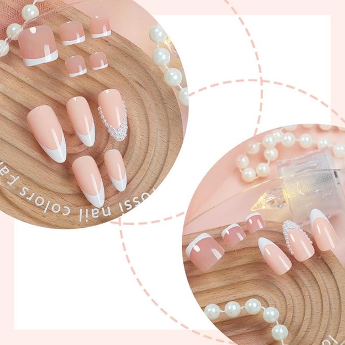 48Pcs White French Tip Press on Toenails Press on Nails Medium Almond Fake Nails with Design Pearl Glue on Nails Nude False Nails Glossy Reusable Summer Nails Toenails for Women Manicure