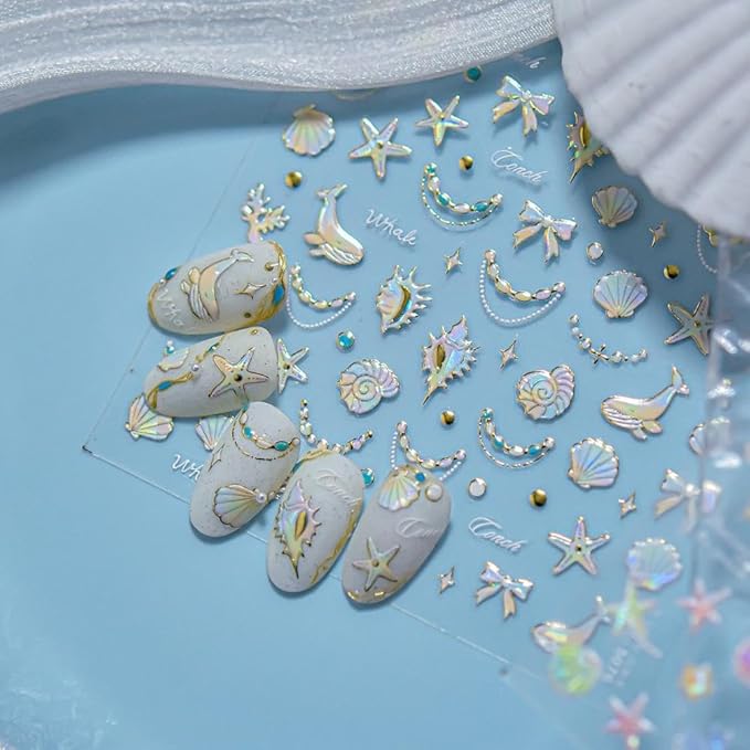 Laser Ocean Nail Stickers Bow Nail Designs 3D Self-Adhesive Dolphin Nails Supplies 5D Embossed Conch Nail Decals Aurora Summer Coral Starfish Nail Art Decoration for Women Girls DIY Manicure 1 Sheet