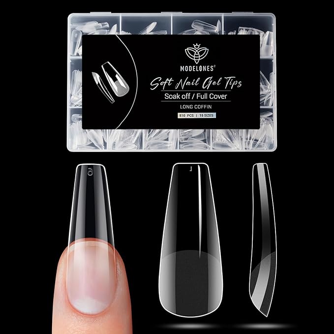 Modelones Long Coffin Nail Tips - 510Pcs Pre-shaped Half Matte Full Cover Fake Nails Gel Tips Acrylic Press on Manicure Extension DIY 15 Sizes