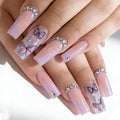 Spring Purple Press on Nails Long Square Fake Nails Butterfly & Rhinestone Design Glitter Nails Full Cover Glossy Stick on Nails for Women Manicure 24PCS