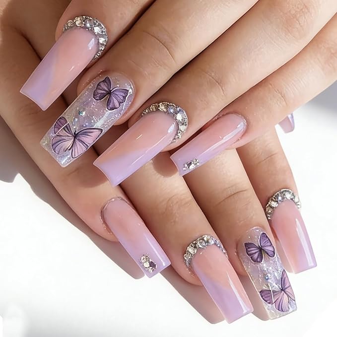 Spring Purple Press on Nails Long Square Fake Nails Butterfly & Rhinestone Design Glitter Nails Full Cover Glossy Stick on Nails for Women Manicure 24PCS