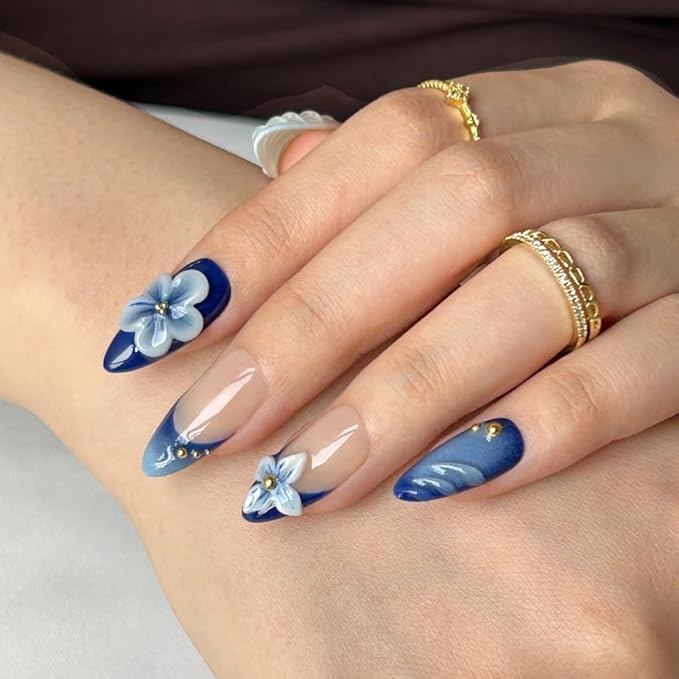 Press On Nails Medium Length Almond Nails, Handmade 3D Design 10Pcs Fake Nails with Thick Acrylic Multi-Layer Gel Nails, Reusable Durable DIY Artificial Nails for Women (Size L)