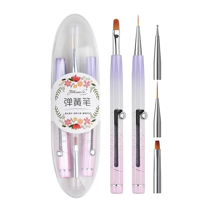 Nail Art Brushes Set, YIHUALE Push Contact Builder Nail Extension Gel Brush, Gel Polish Art Design Pen Painting Tools, Nail Art Liner Brush and Dotting Pen for Salon, DIY (Pink+purple, 2+3PCS)