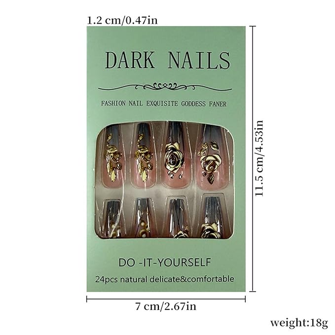 Coffin Press on Nails Long with Bright Embossed Blue and Gold Gradient Gold Rose Acrylic Valentines Fake Nails Press ons Cute Glue Stick on Nails for Women Girls 24 Pcs
