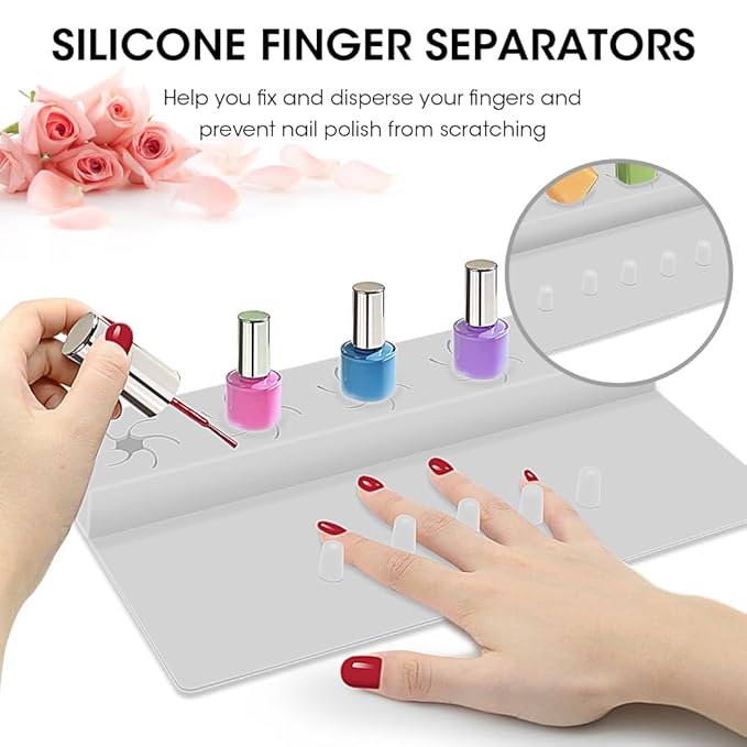 Nail Polish Holder,Silicone Hand Rest Mat Fingernail Painting Tools 2 in 1 Art Accessories Organizer Case Set with Anti-Spill Bottle Stand and Finger Separators for Pedicure Manicure(Grey)