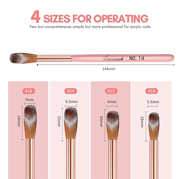 4PCS Rose Gold Acrylic Nail Brush Set,Size 10/12/14/16 Professional Nail Brushes for Acrylic Application Extension and 3D Carving for Nail Home Salon DIY