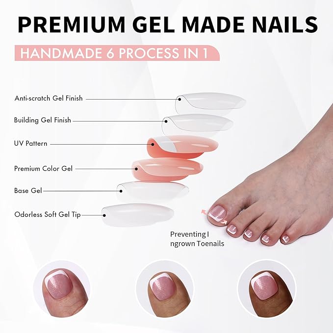 Soft Gel Press on Toenails Short - SHANGMENG White French Tips Toenails Press ons for Women, Fit Naturally Press on Toe Nails in 16 sizes - 32 pcs Fake Toenails with Glue, Shimmery French
