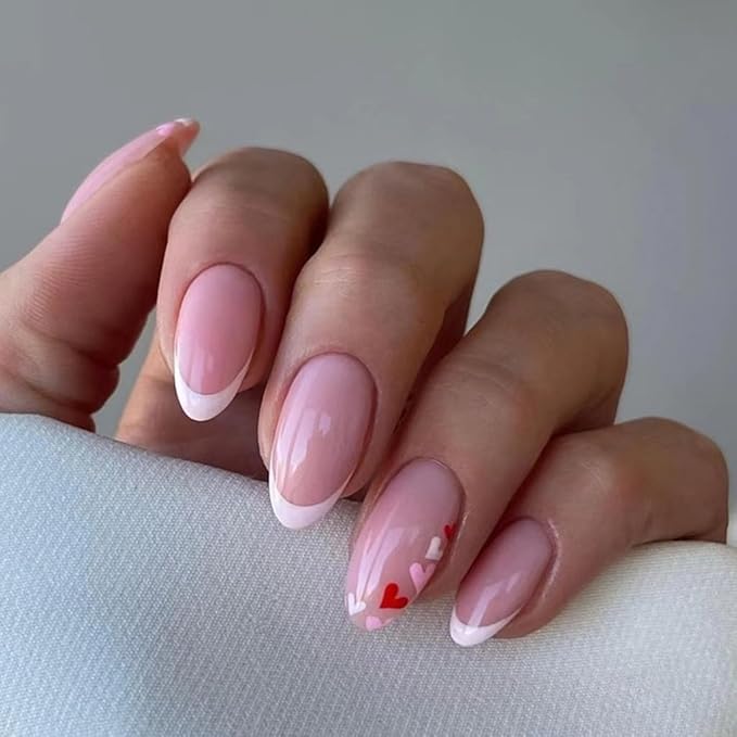 Press on Nails Almond - Medium Fake Nails with Pink Red Hearts Design - White French Tip False Nails for Women - 24 Pcs