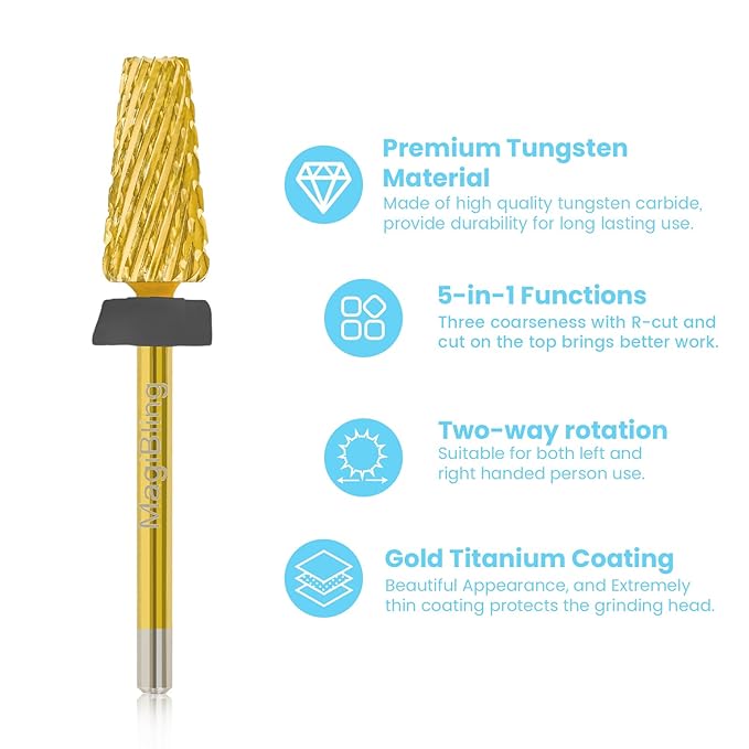 6.6mm Large Tapered Barrel 5-in-1 Nail Drill Bit, 3/32" Cross-Cut Safety Tungsten Carbide Efile Bit for Fast Gel & Acrylic Removal, Two-Way Rotation, Nail Tech & Beginner Bit, Titanium, Extra Coarse