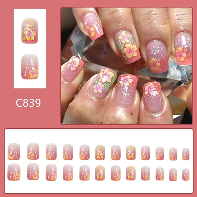 Flower Press on Nails Medium Square Fake Nails Pink Glitter Acrylic Stick on Nails Cute False Nails with Designs Spring Glue on Nails Full Cover Fake Nails for Women Girls Manicure Kit 24Pcs