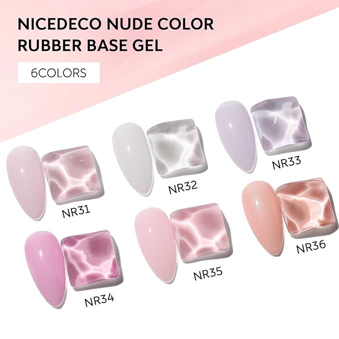 Nicedeco Hema Free Rubber Base Gel Polish for Nails 6 Pcs Cruelty Free Vegan Rubber Gel Nail Strengthener Nude Pink Nail Gel Polish Set 38