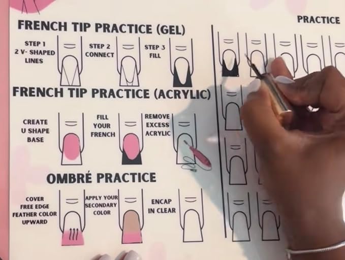 Gel & Acrylic Nail art Practice Sheet,Reusable Nail Art Training mat DIY Sticker Stencil Guide French Tip stiletto Nail Sculpting 3D Nail Design Worksheet Nail Tech Practice Gel X acrylic nails (5)