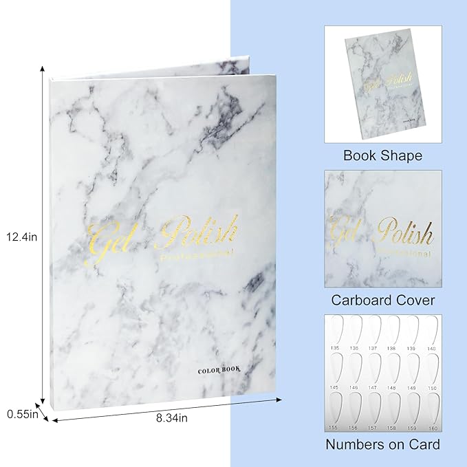 160 Nail Color Book,with 240 Flase Tips & 1-200 Number Sticker Labels,Professional Nail Color Swatches Book for Polish UV Gel(White)