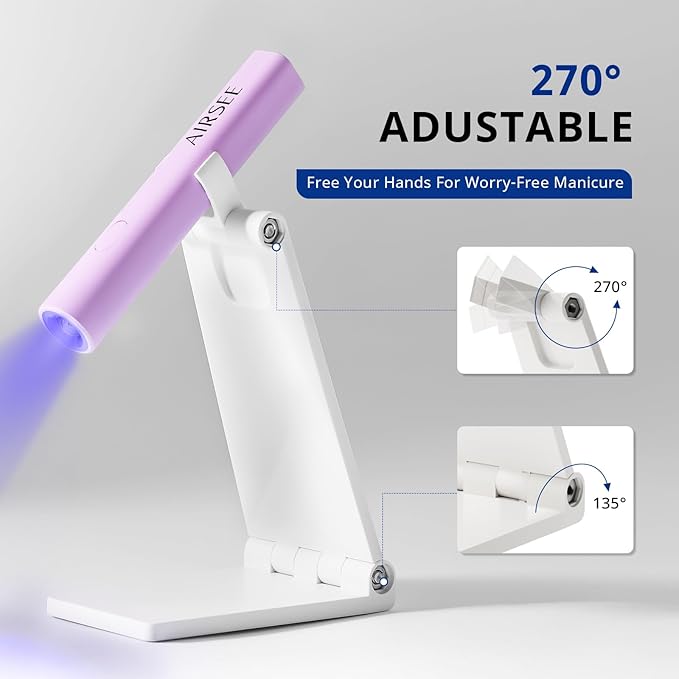 AIRSEE Mini Handheld UV Light with Stand,Portable Rechargeable Nail Lamps,2 Timers for Fast Nail Extension,Rhinestone Glue Decoration,Gel Strips at Home,Travel(Purple)