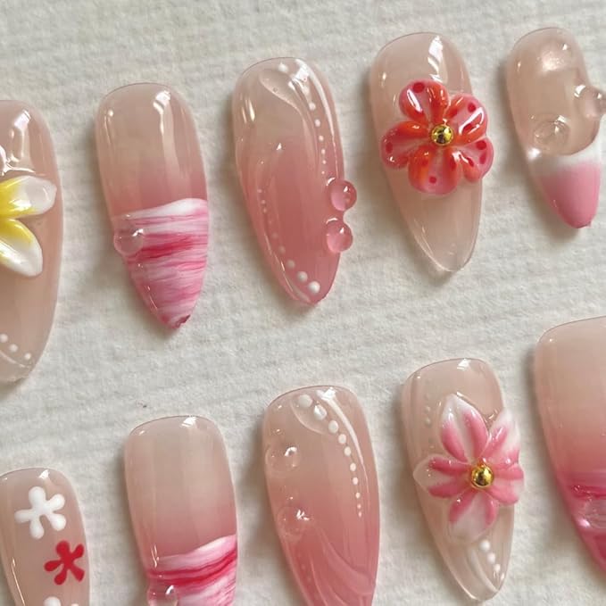 Handmade 3D French Art Press On Nails for Women - Reusable Medium Almond False Nails, 10PCS ABS Artificial Fingernails with Nail Tip Design for Salon & Home Use Size L