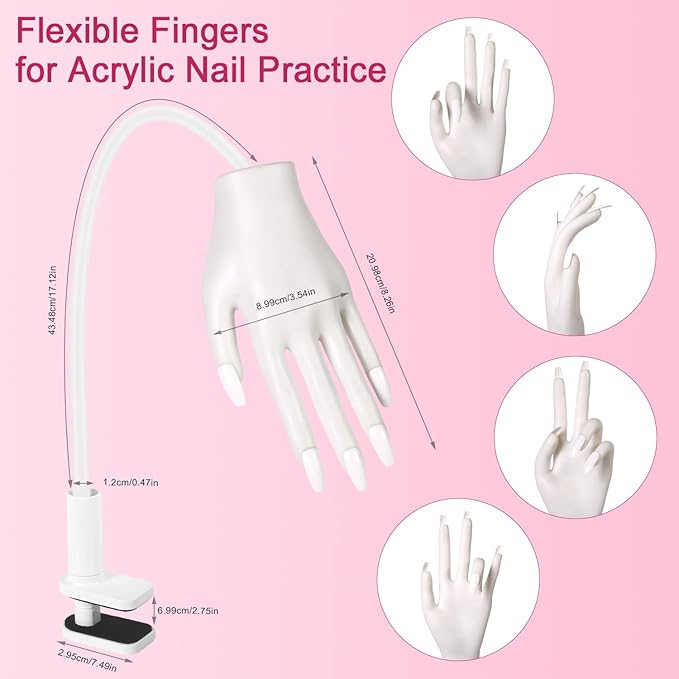 Practice Hand for Acrylic Nails, Acrylic Nail Training Mat , Manicure Trainng Hand Nail Kit for Beginners,Movable Nail Maniquin Hand with 50PCS Nail Tips,Acrylic powder, Brush and Clipper (White)