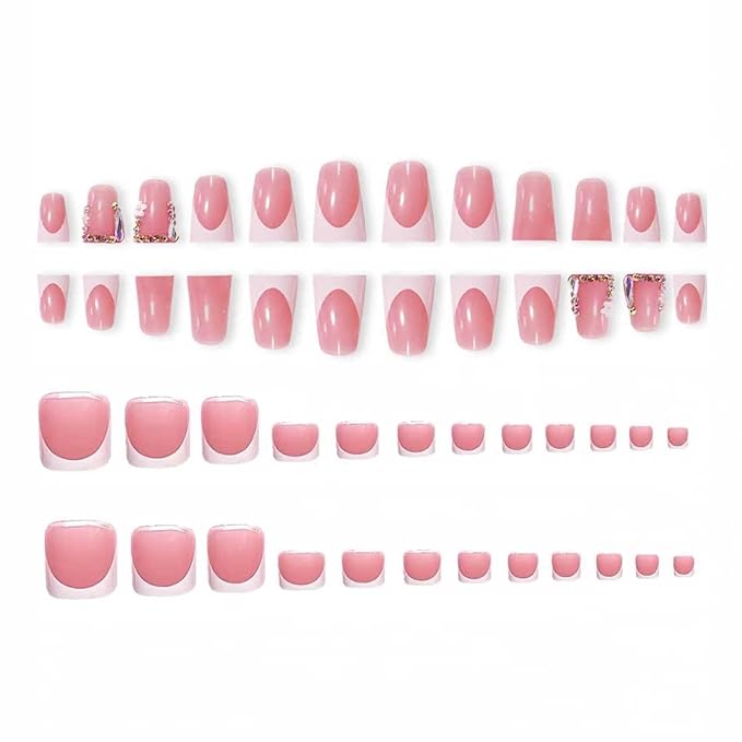 Duck Shaped Press on Nails Short & Press on Toenails Set, White French Tip Press on Nails with Rhinestone Design Glue on Nails Short Press on Toenails Full Cover Stick on Nails for Women 48Pcs