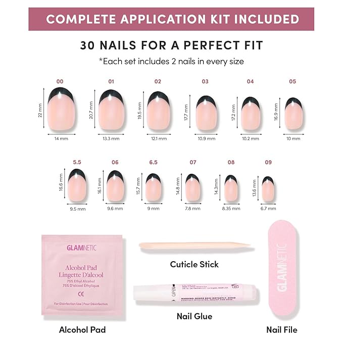 Glamnetic Press On Nails - Onyx Glaze | Short Round Black French Tip Fake Nails, Salon Quality French Manicure | 12 Sizes - 30 Nail Kit with Glue
