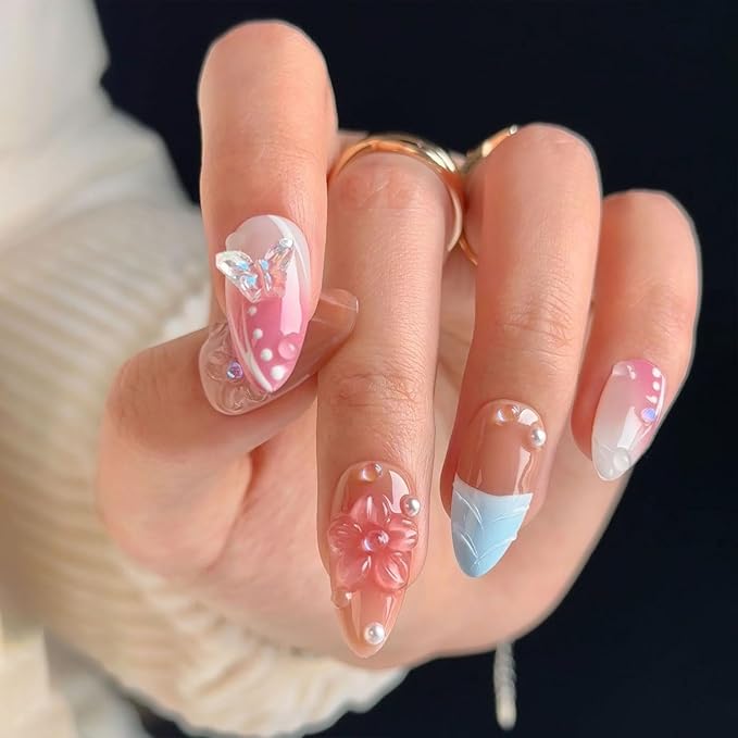 French Press on Nails Handmade Almond Nails with Glue,Nude Medium Fake Nails with 5D Flower Art ＆ Pearl Design Muti-Layer Gel Handmade Nail Acrylic Nature False Nails for Wome (Size S)