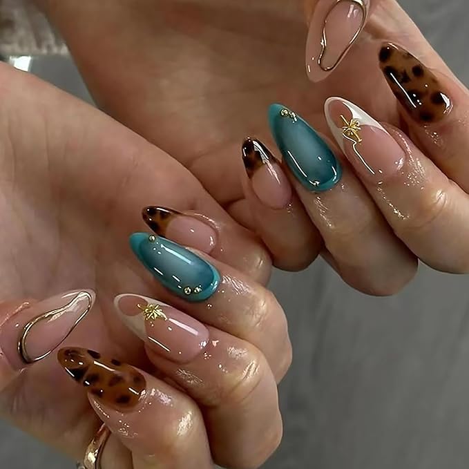 Press On Nails Medium Almond MABKJLF French Tip False Nails with Designs Leopard Print Cheetah Print Embossed Swirl Glossy Glue on Acrylic Nails for Women Girls 24 Pcs