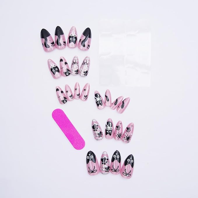 24Pcs Pink Glitter Press on Nails Medium Almond Fake Nails Cute Cat Black Bow Star False Nails with 3D Silvering Heart Vortex Gems Design Full Cover Glue on Nails Artificial Stick on Nail for Women