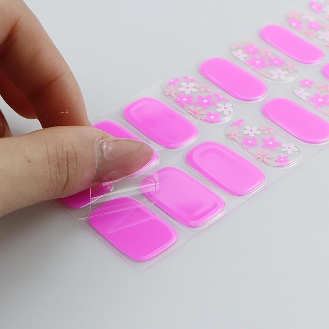 JMEOWIO Gel Nail Stickers Pink Flower Transparent Semi Cured Gel Nail Strips Wraps UV/LED Nails Art Design Decoration Accessories