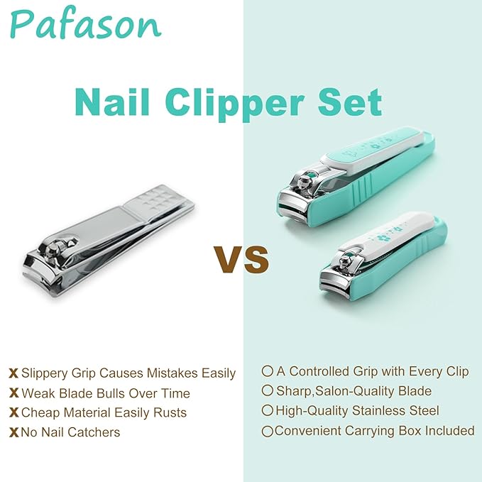 PAFASON Ultra Sharp Nail Clipper Set, 3 Pack Fingernail and Toenail Trimmer Cutter, Stainless Steel, Curved Blade, Sturdy, Nail Catcher, Nail Files for Men and Women