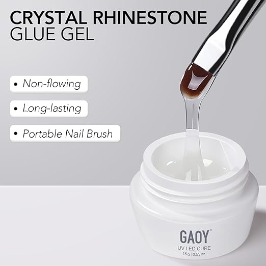 GAOY Rhinestone Glue for Nails, 15ml UV Gem Glue with Nail Art Brushes, for Charms Diamonds Jewels and Decorations