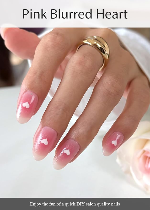 Semi Cured Gel Nail Strips (Pink Blurred Heart), Valentine's Day, 20 Pcs Gel Nail Wraps, Stickers, Salon Quality, Works with Any UV Lamps