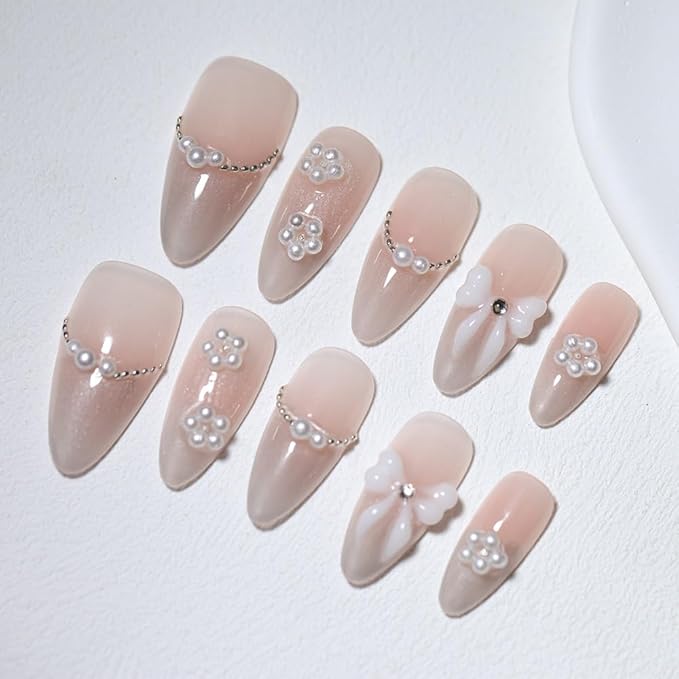 10PCS Luxury Handmade Press On Nails Nude Gradient Cat's Eye with Pearl Bow & Sparkling Rhinestones for Wedding & Party Reusable Almond Fake Nails Design Gift For Women and Girls (A021, XS)