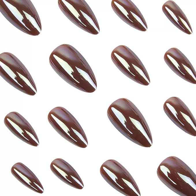 Press on Nails Almond - Medium Fake Nails with Solid Color Design - Winter, Brown False Nails Press ons - for Women 24 Pcs