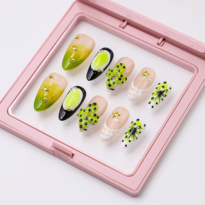 Handmade Press on Nails Medium Almond Nails 3D Green Floral Carved Press Ons Nails Nude Pink Fake Nails Press on Nail Glossy French Tip False Nails with Glue for Women Reusable Acrylic Nails (Size M)