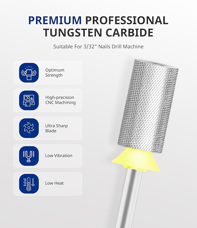 AIRSEE Tungsten Carbide Acrylic Nail Drill Bit Efile Electric File Machine Head Tip for Manicure Polishing Art Remove Gel 3/32" 2 Way Professional Tech Flat Top Cylinder Barrel Extra Fine-XF