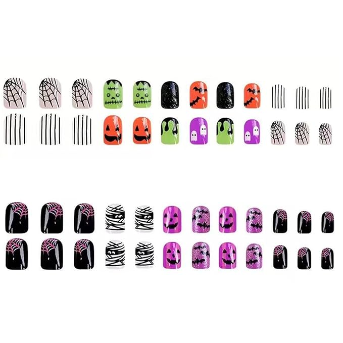 2 Packs 48Pcs Halloween Press on Nails Short Square Fake Nails Ghost Acrylic Nails Pumpkin Bat Designs Glue on Nails Winter Xmas Stick on Nail Kids for Women Girls Manicure Decoration