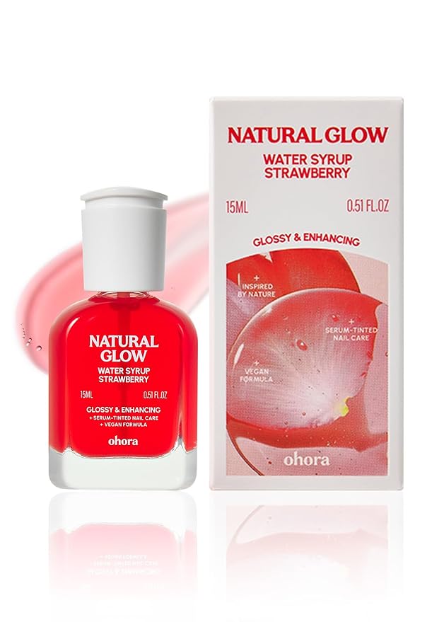 ohora Natural Glow Water Syrup Nail Strengthener (Strawberry) - Tinted Nail Hardener for Brittle, Damaged Nails, Quick-Dry Glossy Finish, Nail Repair & Growth, 15 mL