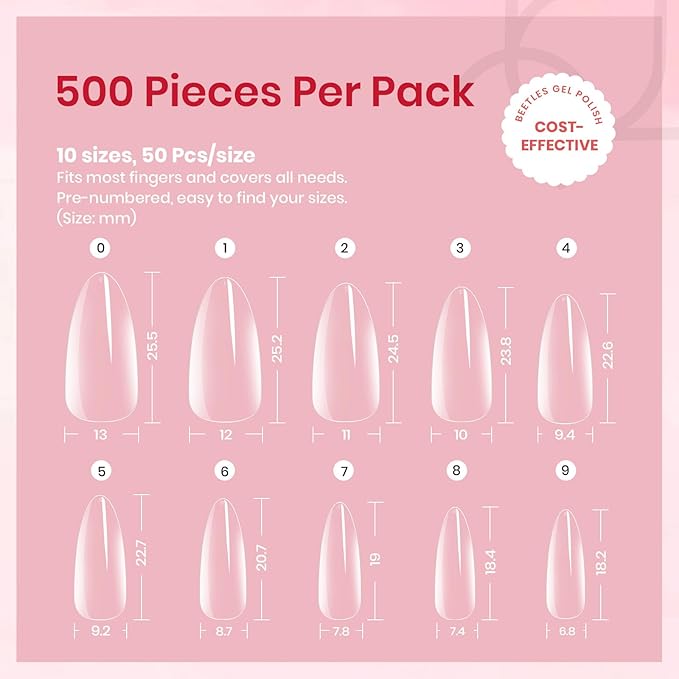 Beetles Gel Almond Medium Nail Tips Clear, 500Pcs 10 Sizes Pre-Shaped Full Cover Soft Acrylic False Nail Tips Almond Shape Easy DIY Press On Fake Nail Extension Salon Gift for Women
