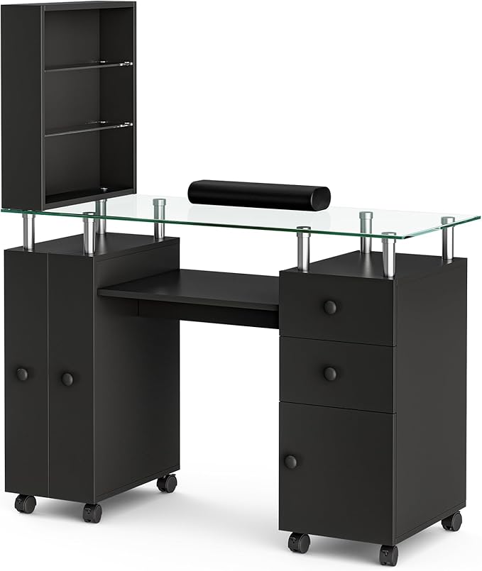Paddie Manicure Table Nail Tech Table, Glass Top Nail Desk Station for Nail Tech w/Shelves & Wrist Cushion, Acetone Resistant Beauty Salon Workstation w/Lockable Wheels(Black)