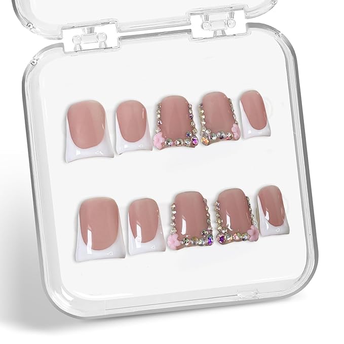 Handmade Duck Press on Nails White French Tip Short Duckbill Tips with Rhinestone Flower Designs Full Cover Muti-Layer Gel Acrylic Nail Luxury False Nails Thickened Fake Stick on Nails for Women (S)
