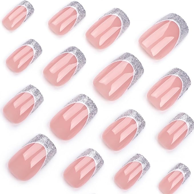 Silver French Tip Press on Nails Medium Square Fake Nails Nude Pink False Nails Stick on Nails Glitter French Glue on Nails Design Full Cover Artificial Artificial Nails for Women Manicure Salon 24Pcs