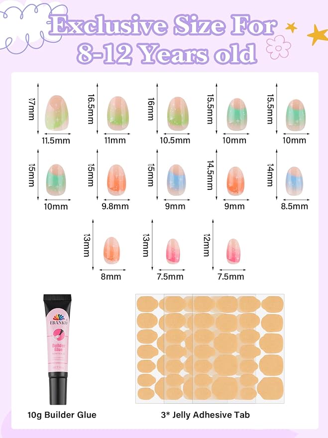 78 Pieces Press on Nails for Kids, EBANKU 3 Pack Kid Fake Nail Kit Old Colorful Flower Press on Nails for Girls 8-12 Years with Jelly Nail Adhesives & Nail Builder Glue