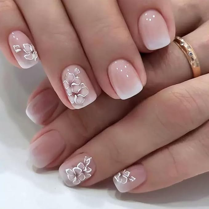 6 Packs (144 Pcs) Flower Press on Nails Short Square Fake Nails Floral False Nails with Designs Spring Summer Glue on Nails Full Cover Glossy Acrylic Stick on Nail for Women Girls Manicure